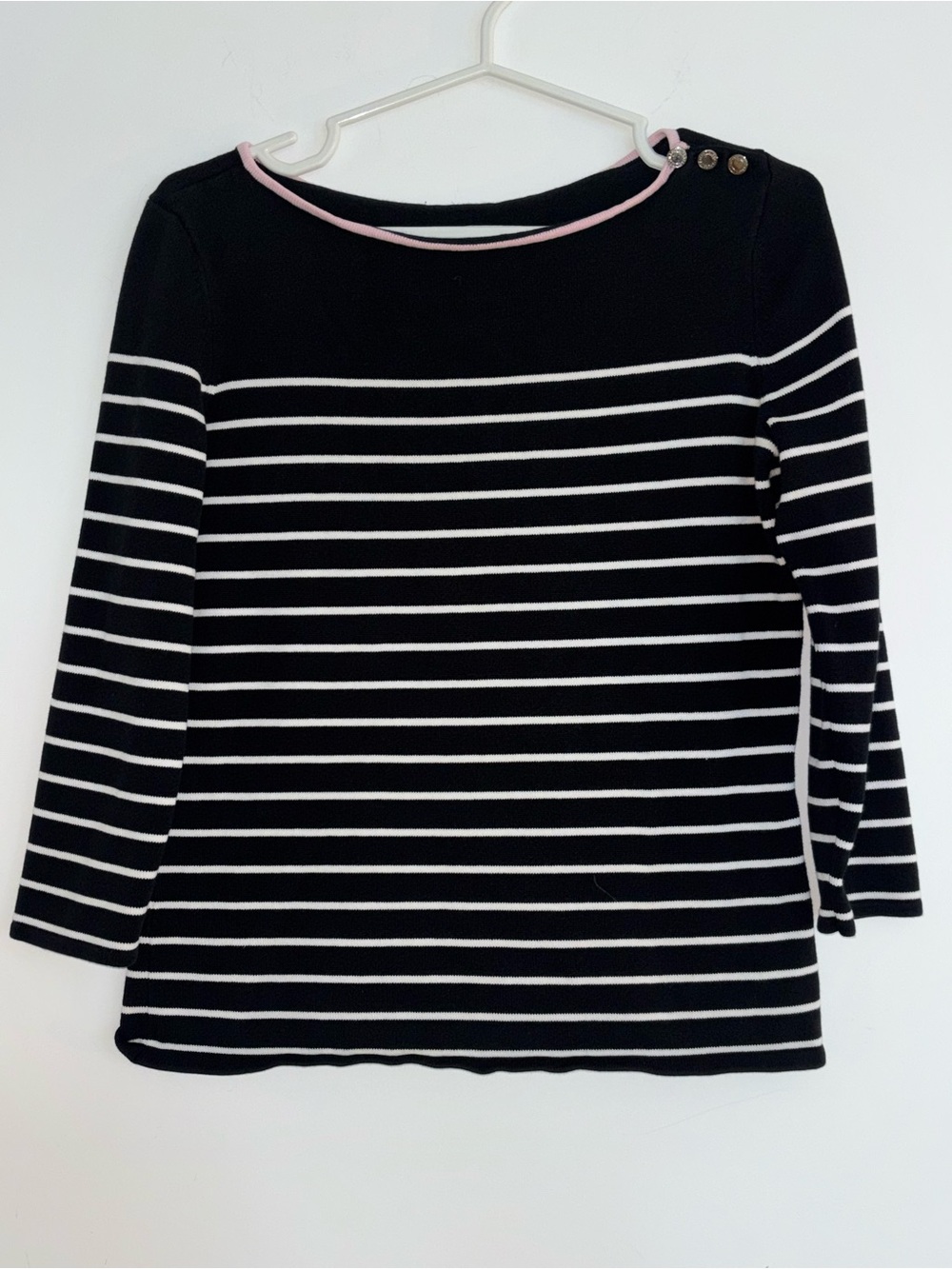 Ralph Lauren Black and White Striped Long-Sleeve Top with Pink Trim Size Medium